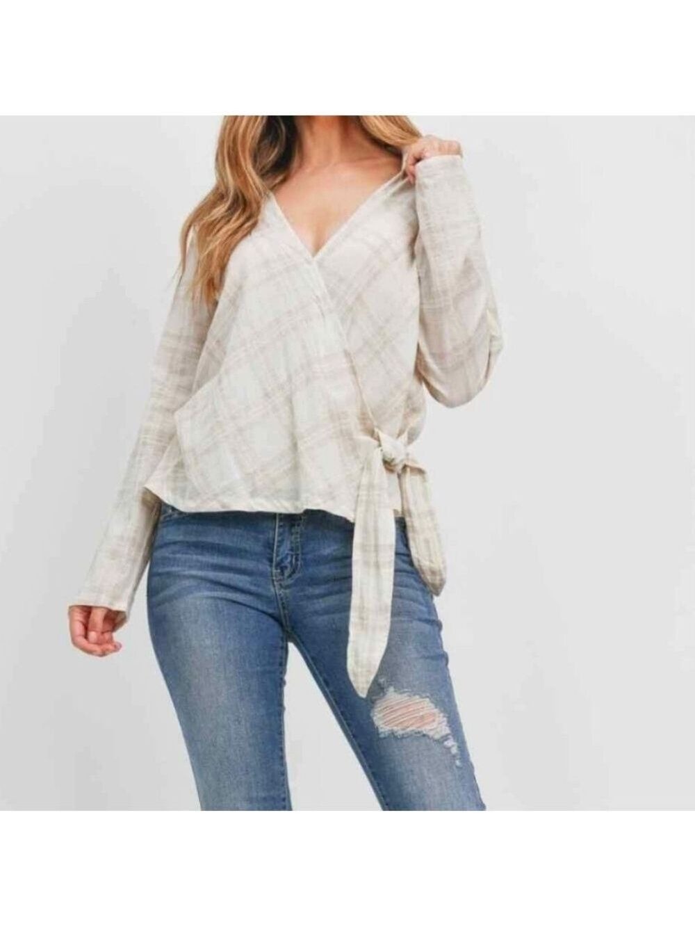LOVERICHE TAN AND CREAM WRAP STYLE SIDE TIE BLOUSE - S/M - NWT
